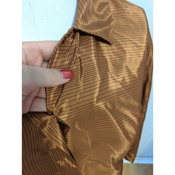 Vintage 80s Metallic Bronze Striped Blouse Button Up Satin Retro Party Fall 14 - Picture 3 of 11
